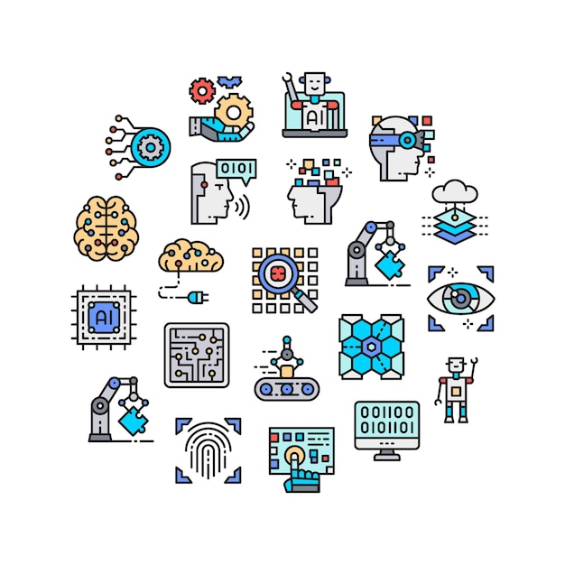 Artificial Intelligence icons set Robotics Chatbot Database Big Data Icons banner