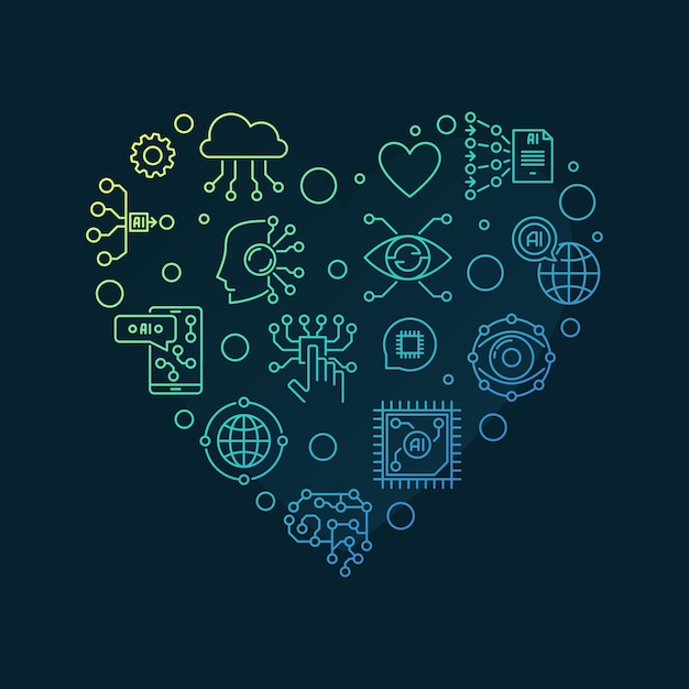 Artificial Intelligence line heart shaped vector colored banner I Love AI illustration