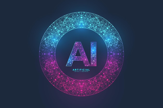 Artificial Intelligence Logo Plexus effect. Artificial Intelligence and Machine Learning Concept. Vector symbol AI. Neural networks and another modern technologies concepts. Technology sci-fi concept.