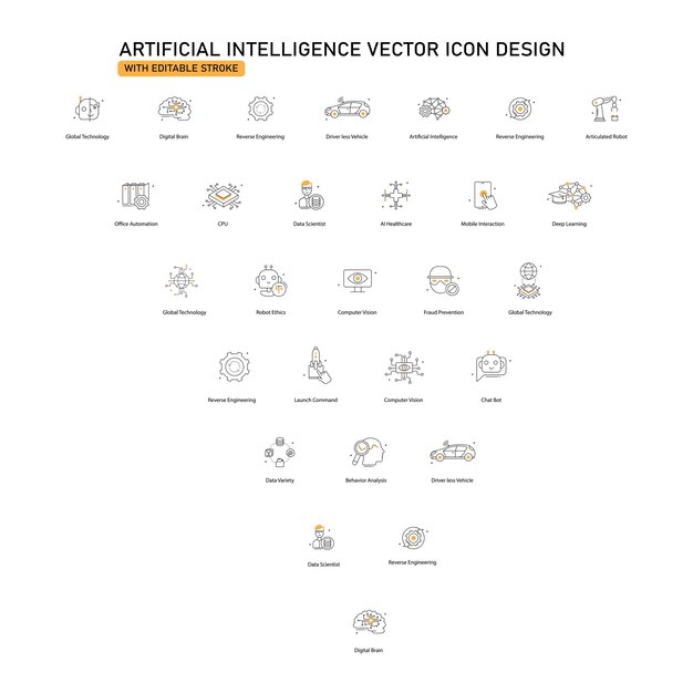 Vector artificial intelligence and machine learning vector icon design with editable stroke