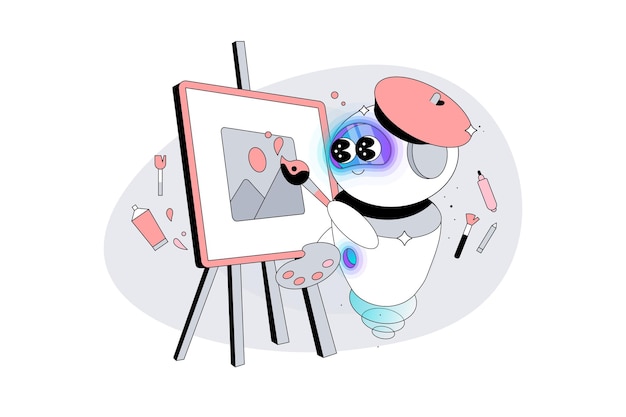 Artificial Intelligence Robot Artist Paints with Brush on Canvas AI Creates a painting on a tablet