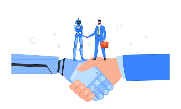 Artificial Intelligence Robot and Business Man Character Shaking Hands Ai Handshake With Human Concept of Future Cooperation Technology Advance Innovation Cartoon People Vector Illustration