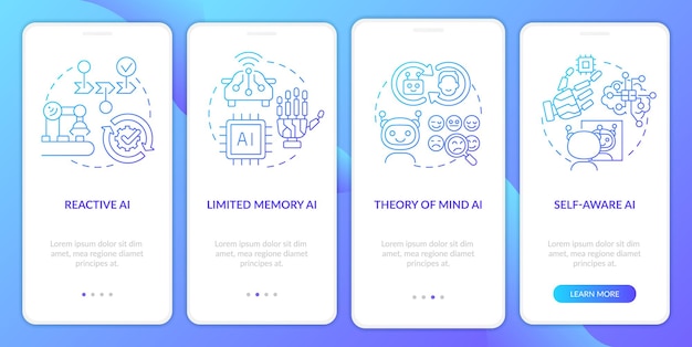 Artificial intelligence types blue gradient onboarding mobile app screen