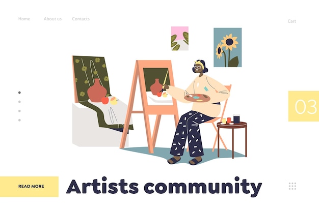 Vector artist community concept of landing page with woman drawing picture in workshop studio. female painter creating paint art work. creative hobby and leisure activity. cartoon flat vector illustration