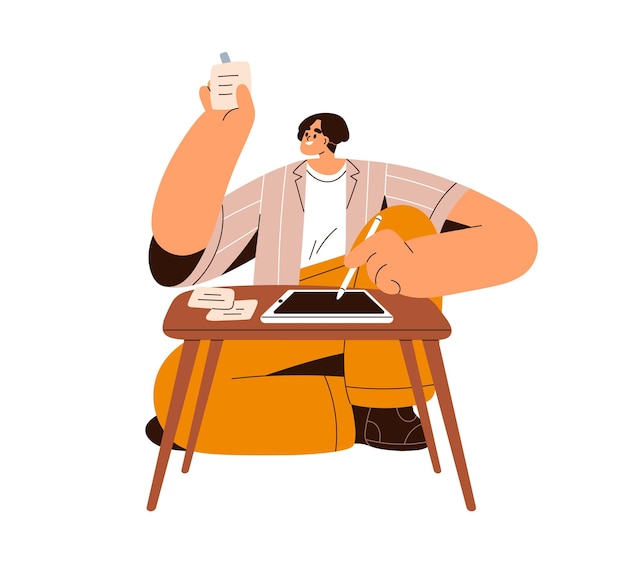 Artist at digital tablet drawing Happy illustrator freelancer sitting at table with tasks ideas on paper notes Creative remote work concept Flat vector illustration isolated on white background