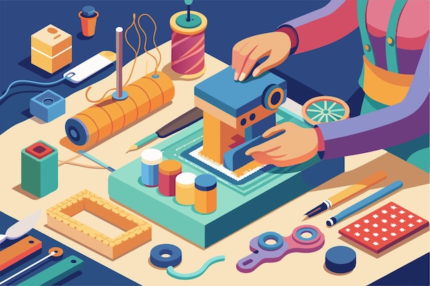 Vector an artist engages in hand sewing at a colorful crafting workstation filled with supplies hand sewing customizable isometric illustration