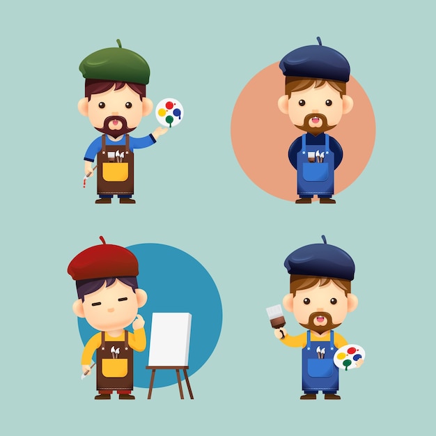 Artist kids boy Confident man artist painting children set sign vector illustration