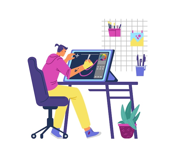 Artist making digital art. Man sitting at desk painting on a graphic tablet vector illustration