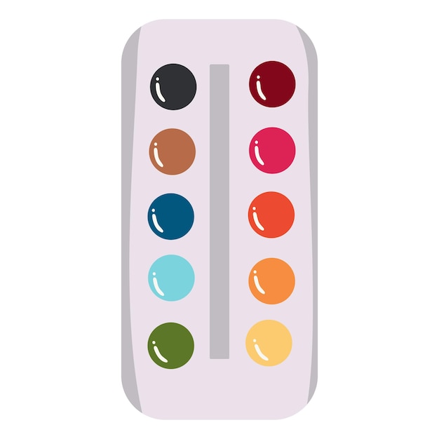 An artist's palette with different colors for drawing Top view of the artist's tools highlighted