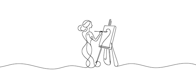 the artist sits in front of an easel with a palette and brush in hand one line drawing vector