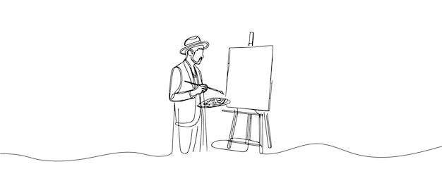 Vector the artist sits in front of an easel with a palette and brush in hand one line drawing vector