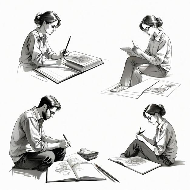 Artist sketching in a sketchbook vector set white background isolated