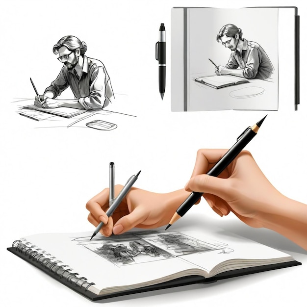 Artist sketching in a sketchbook vector set white background isolated