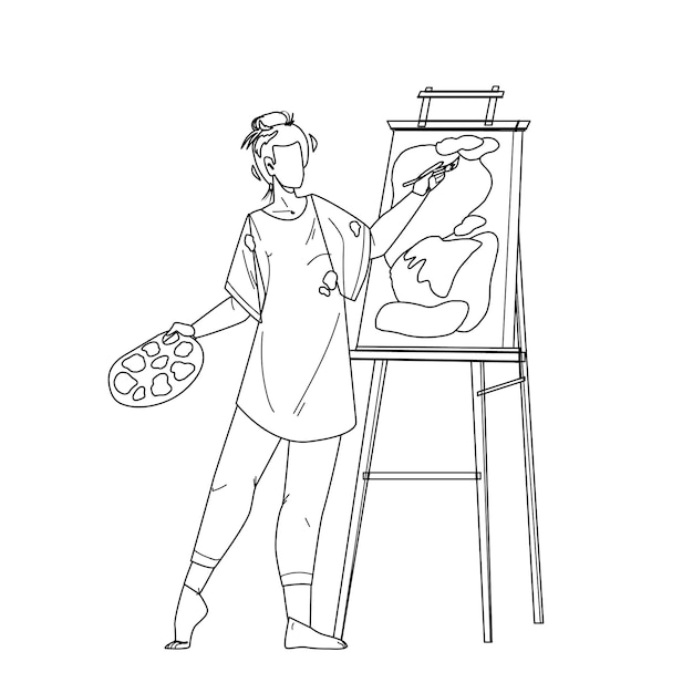 Artist Woman Painting Picture On Canvas Black Line Pencil Drawing Vector. Young Girl Artist Drawing And Creating In Studio With Brush And Paint. Character Artistic Painter Creativity Illustration