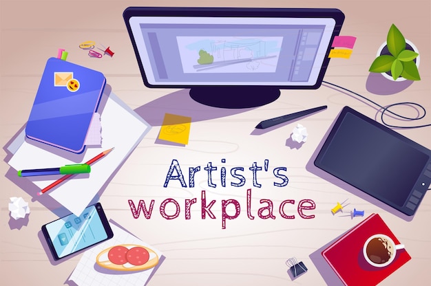 Vector artist workplace background in cartoon design in top view wallpaper with composition of computer