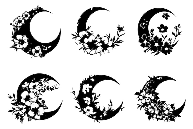 Vector artistic crescent moon with flowers silhouette vector decorative crescent moon with flowers vector