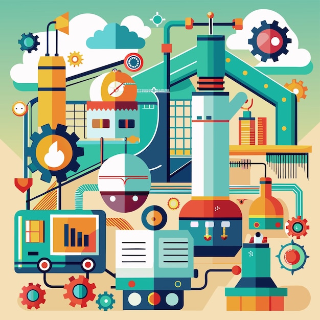 An Artistic Depiction of a Modern Manufacturing Plant With Automated Processes An artistic representation of a manufacturing plants machinery and processes