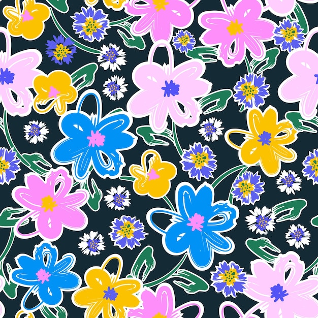 Artistic Flower painted brush storke colourful florals seamless pattern vector illustration