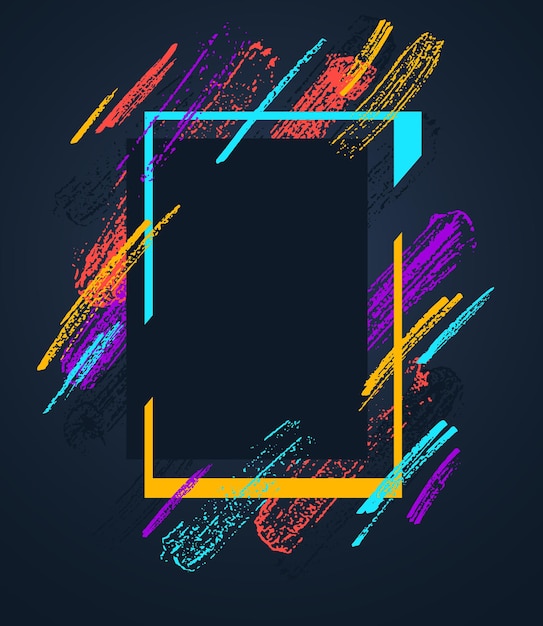 Artistic geometric frame with hand drawn brush strokes vector abstract background, art style bright shiny colors, modern design over dark.