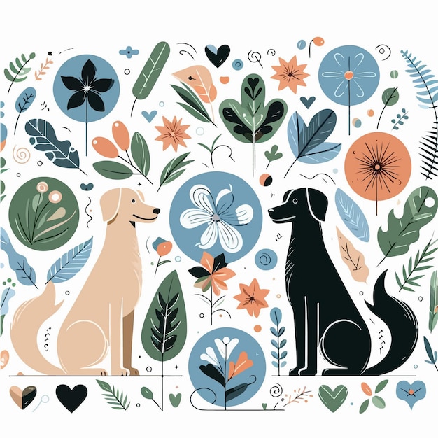 artistic illustration of an dog surrounded by elements of nature such as flowers and plants