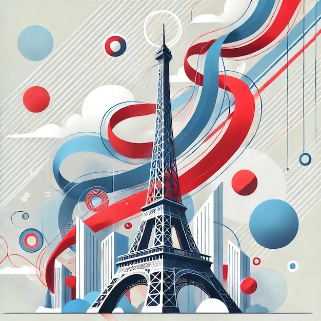 Vector artistic illustration of eiffel tower with red and blue ribbons