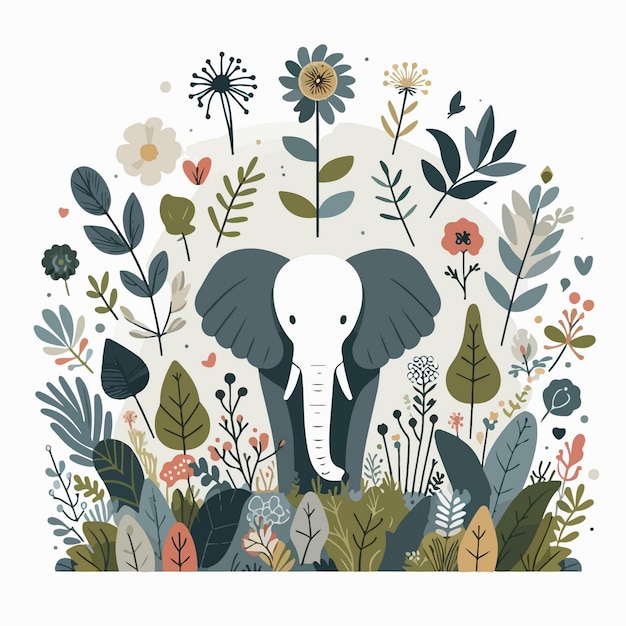 artistic illustration of an elephant surrounded by elements of nature such as flowers and plants