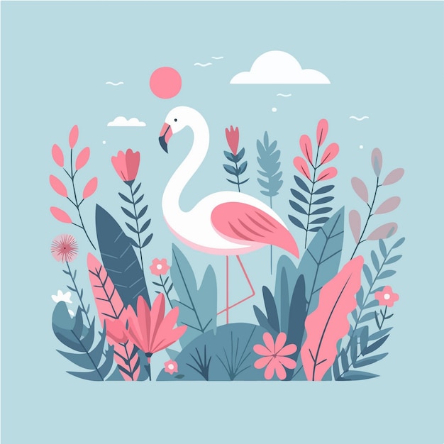 artistic illustration of an flamingo surrounded by elements of nature such as flowers and plants