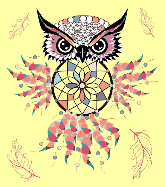 Artistic owl with Dreamcatcher Graphic arts dotwork