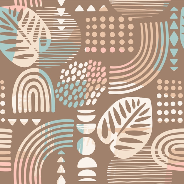 Artistic seamless pattern with abstract leaves and geometric shapes.