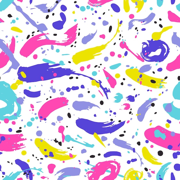 Artistic seamless pattern with vibrant paint stains, marks, traces and drops