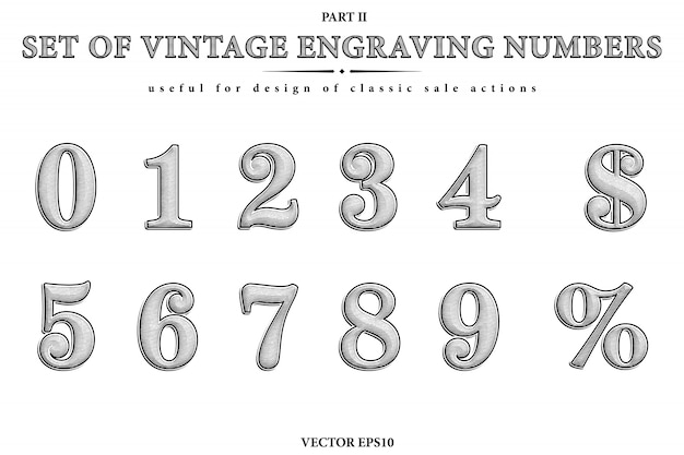 Artistic set of the vintage engraving numbers. Vector figures from 0 to 9, dollar sybmol and percent sign.