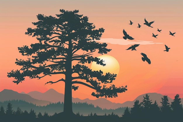 Artistic Silhouette Tree With Suns Vector