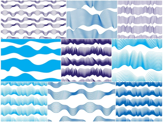 Vector artistic vector seamless patterns set with stylized waves, blue color curve lines abstract repeat tiling backgrounds collection. water wave abstract designs.