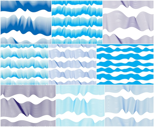 Vector artistic vector seamless patterns set with stylized waves, blue color curve lines abstract repeat tiling backgrounds collection. water wave abstract designs.