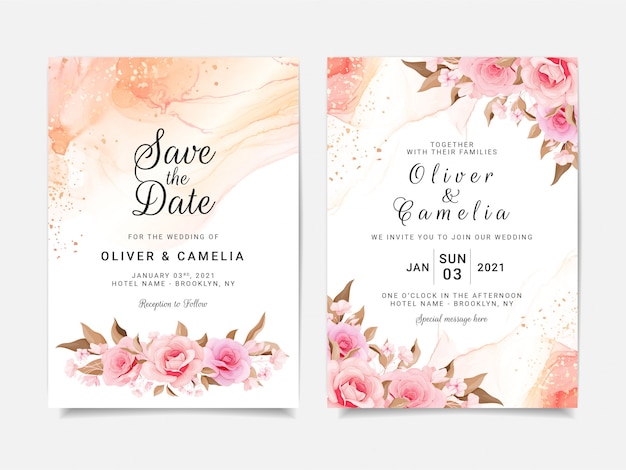 Artistic wedding invitation card template set with flower decorations