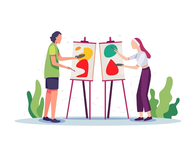 Artists painting on canvas flat illustration