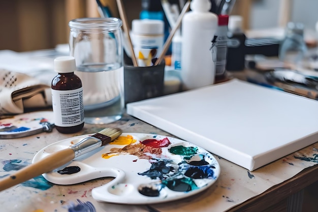 Vector artists supplies on table in workshop