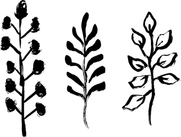 Artwork brush leaves silhouette set