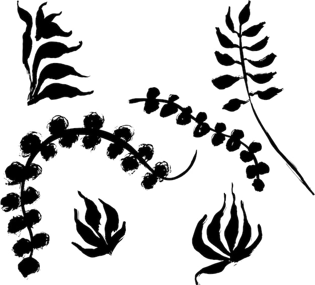 Artwork brush leaves silhouette set