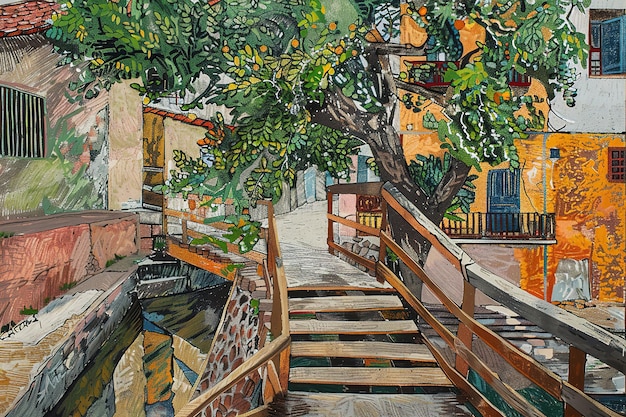 Vector an artwork depicting a street with wooden bridge and a tree in the style of quirky street art silk p