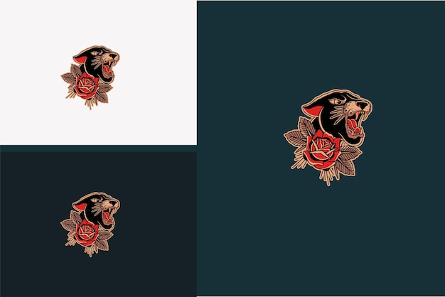 Artwork design of head panther and red rose vector illustration