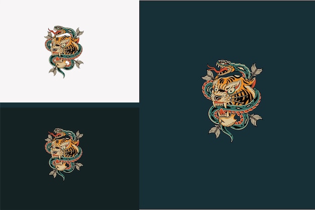 Artwork design of head tiger and snake vector