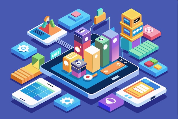 The artwork features customizable mobile apps shown in an engaging isometric style with devices and icons Mobile apps Customizable Isometric Illustration