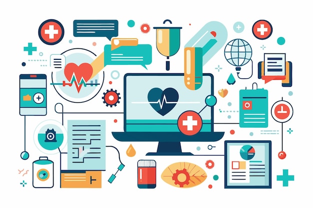 Vector the artwork features various digital health elements including medical symbols data charts and devices highlighting the integration of technology in patient care