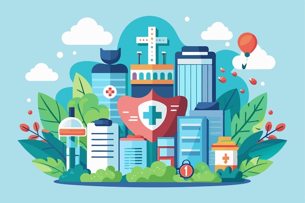 The artwork features a vivid urban healthcare landscape with customizable public health symbols and buildings Public health Customizable Semi Flat Illustration