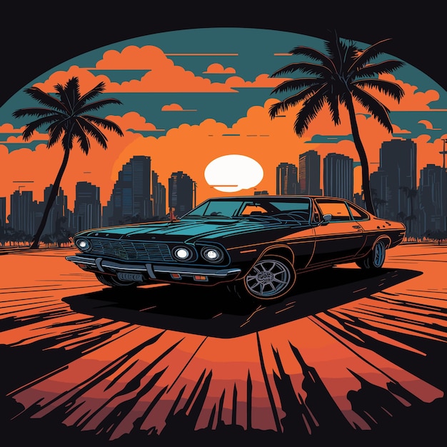 Artwork of graphic flat design tshirt of one retro Ferrari car with buildings and palm trees