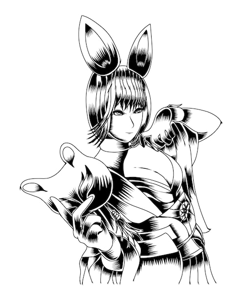 Artwork Illustration Of Bunny Girl Holding A Mask Black And White Silhouette