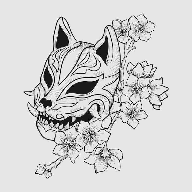 artwork illustration and t shirt design black and white hand drawn kitsune mask