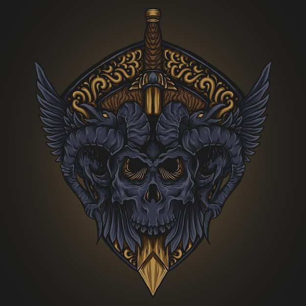 artwork illustration and t shirt design devil skull and golden sword engraving ornament