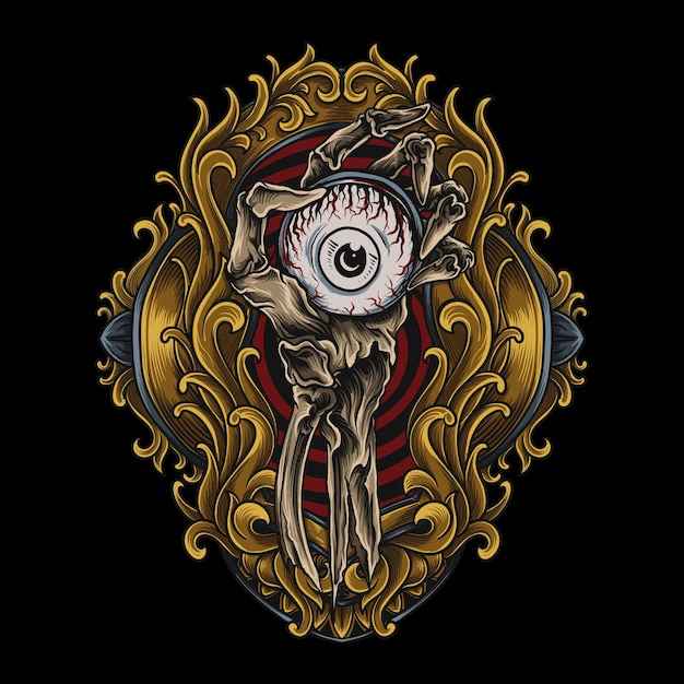 artwork illustration and t shirt design eye ball in skeleton hand engraving ornament